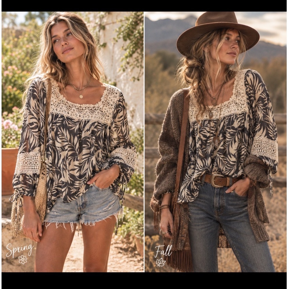 Zac & Rachel Boho Palm Leaf Print Crochet Lace Trim Blouse Black White Small